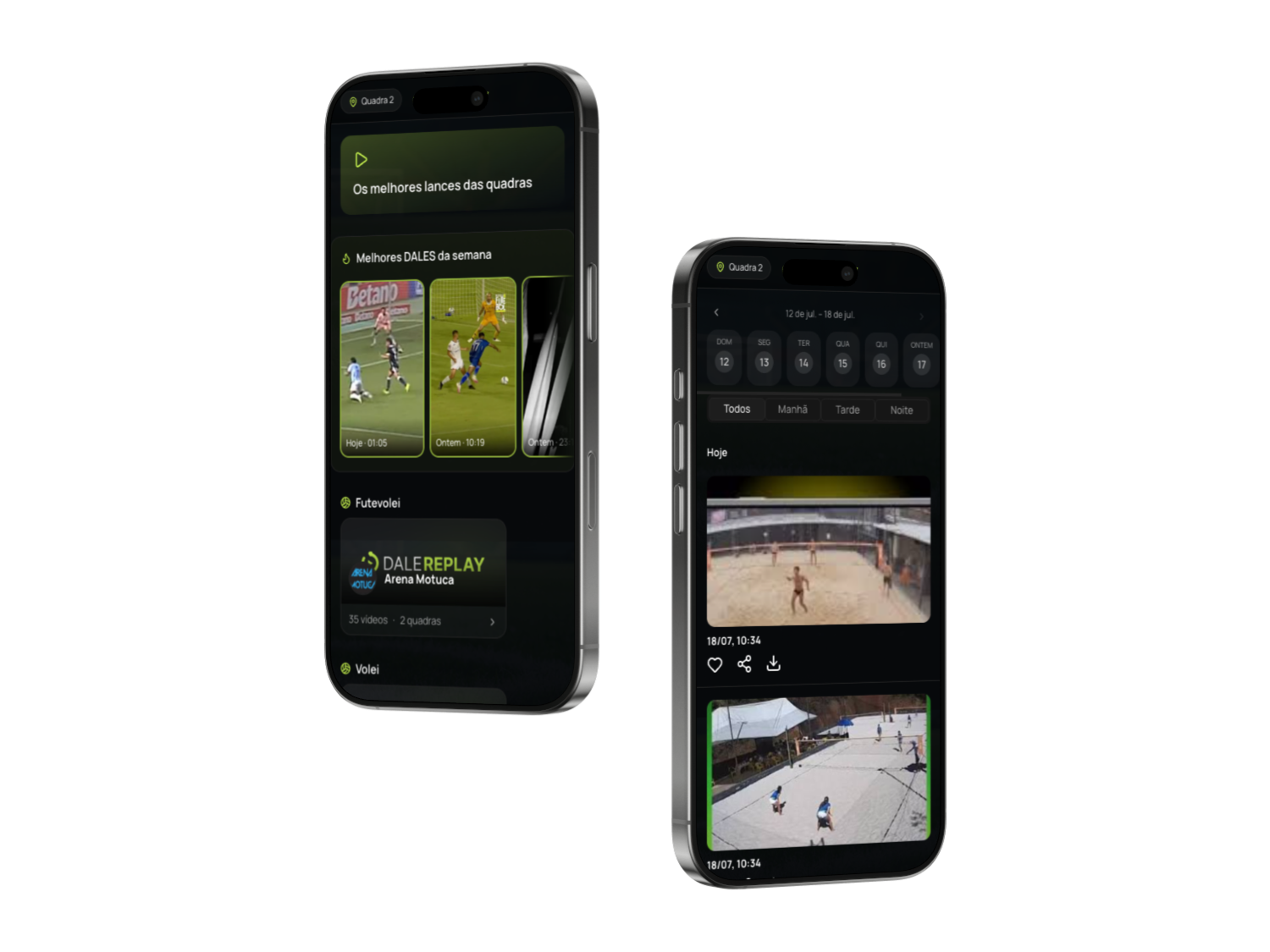 Aplicativo Dale Replay mostrando os clipes organizados por quadra, esporte e data